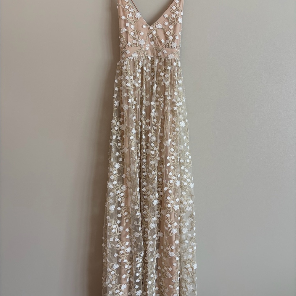Altar'd State Nude Maxi Dress with White Floral Appliqués
